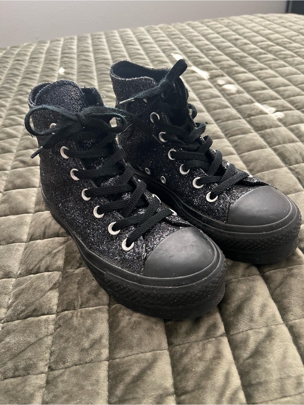 Custom black glitter converse platform high tops